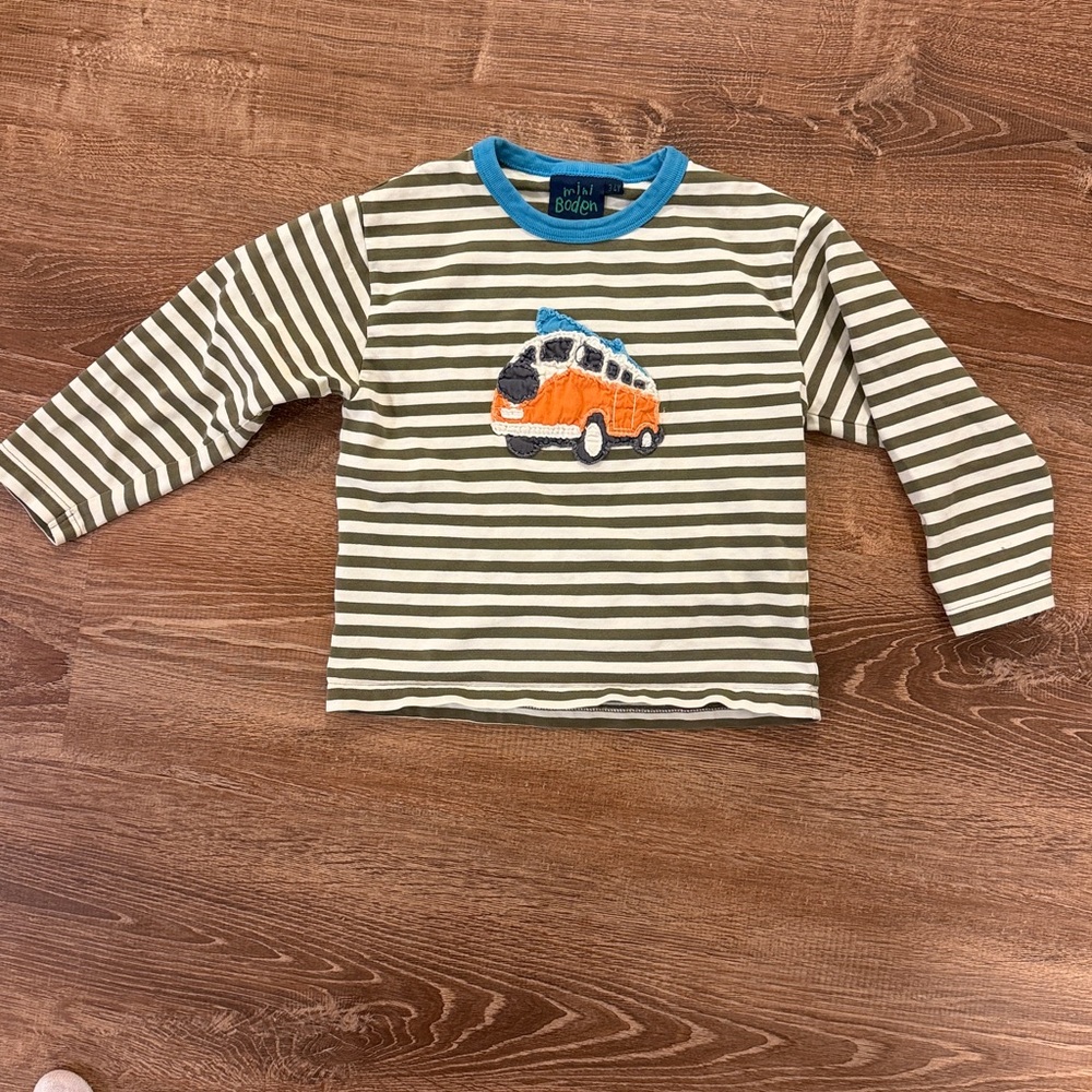 Mini Boden ⚡️Kids Striped Long-Sleeve Tee with Orange Van Applique